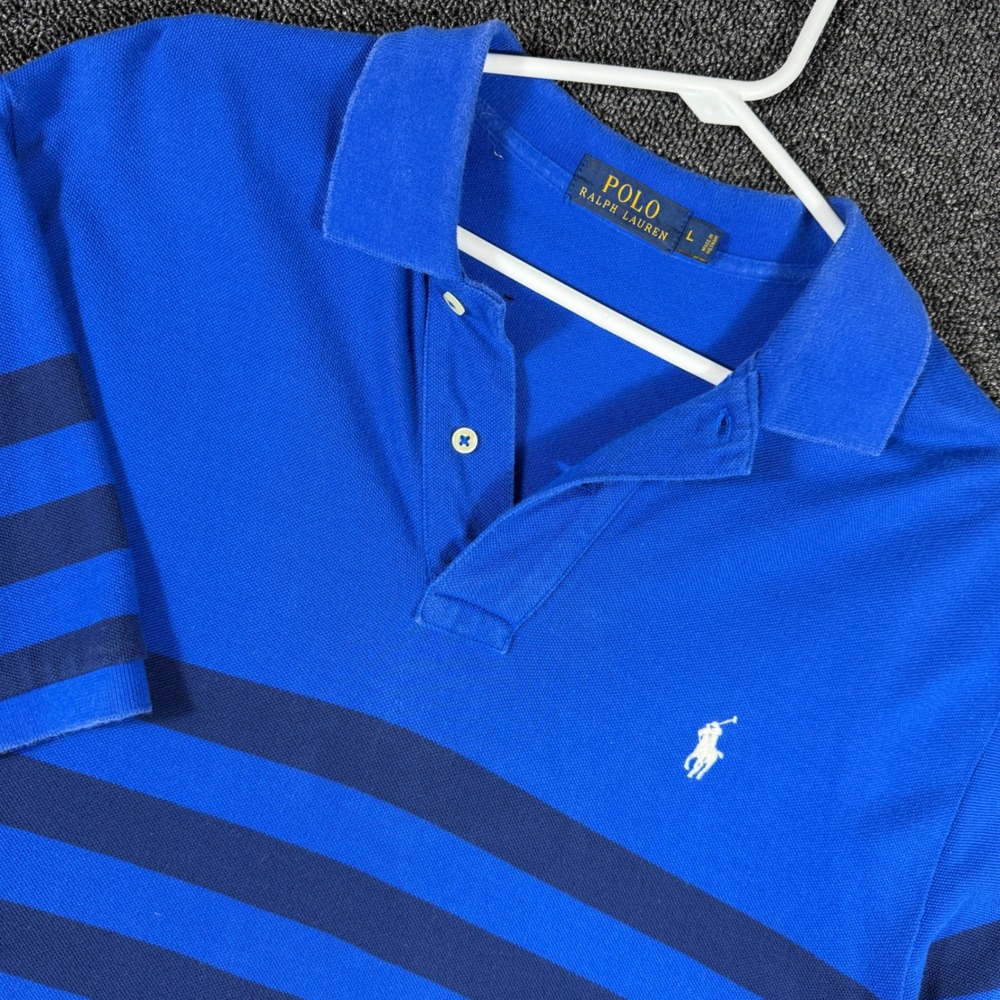 Polo Ralph Lauren Men's L Blue Striped Short Sleeve Pique Polo Shirt White Pony